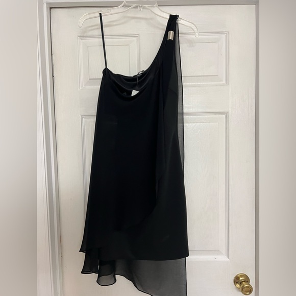 Bebe's One Shoulder Satin Chiffon Layered Black Dress, NWT, Size M - Picture 1 of 7